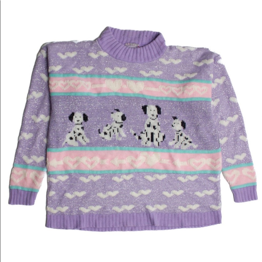Vintage Adele Knitwear Sweater Dalmatian Pastel Dogs Hearts Sparkly 80's Purple